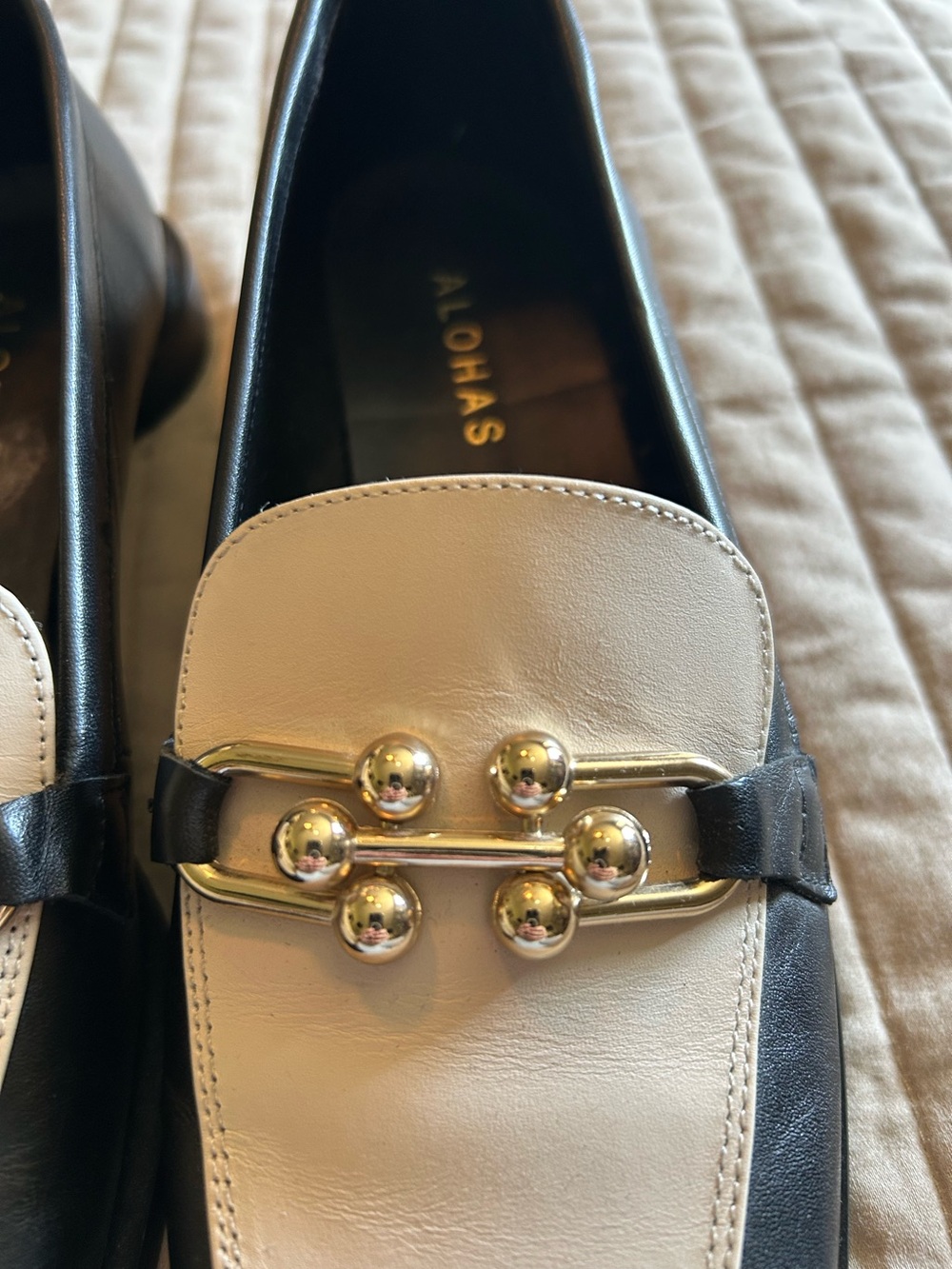 Alohas Two-Tone Black & White Leather Loafers with Gold Hardware - Picture 10 of 11